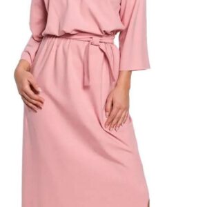 B146 Sukienka maxi z dekoltem rozkładanym na ramiona - różowa (Kolor różowy