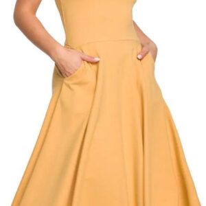 B218 Sukienka rozkloszowana na cienkich ramiączkach - miodowa (Kolor żółty