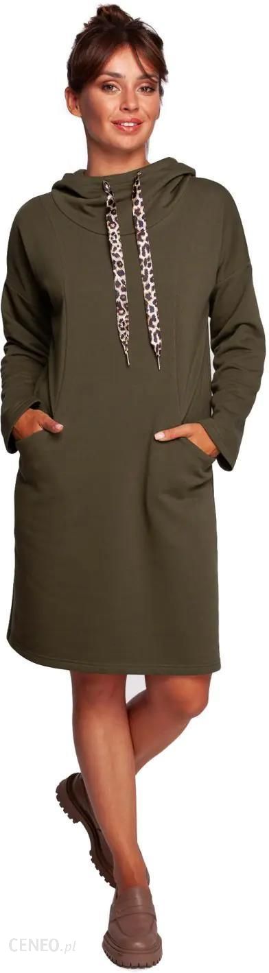 B238 Sukienka z wysokim kołnierzem i kieszeniami - oliwkowa (Kolor oliwkowy