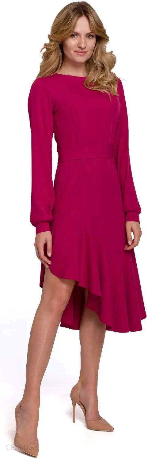 K077 Asymetryczna sukienka z falbanką - śliwkowa (Kolor śliwkowy