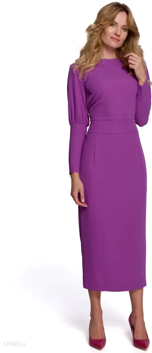 K079 Sukienka midi z wysokimi mankietami - lawendowa (Kolor fioletowy