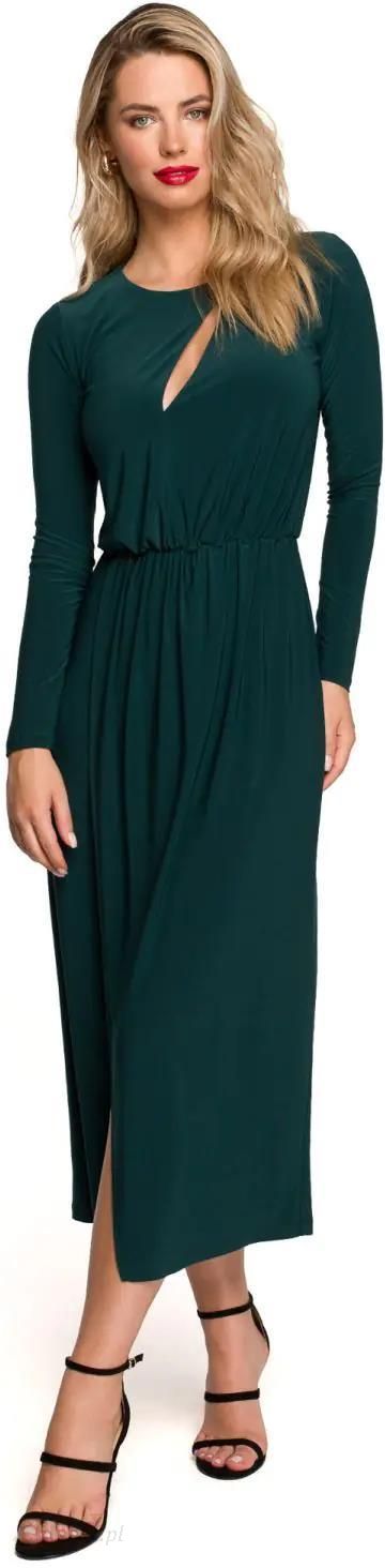 K139 Długa sukienka z rozcięciem w dekolcie - butelkowa zieleń (Kolor zielony