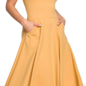Klasyczna sukienka midi z rozkloszowanym dołem (Miodowy