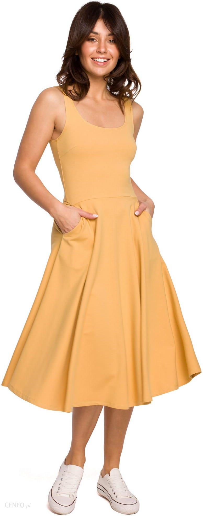 Klasyczna sukienka midi z rozkloszowanym dołem (Miodowy
