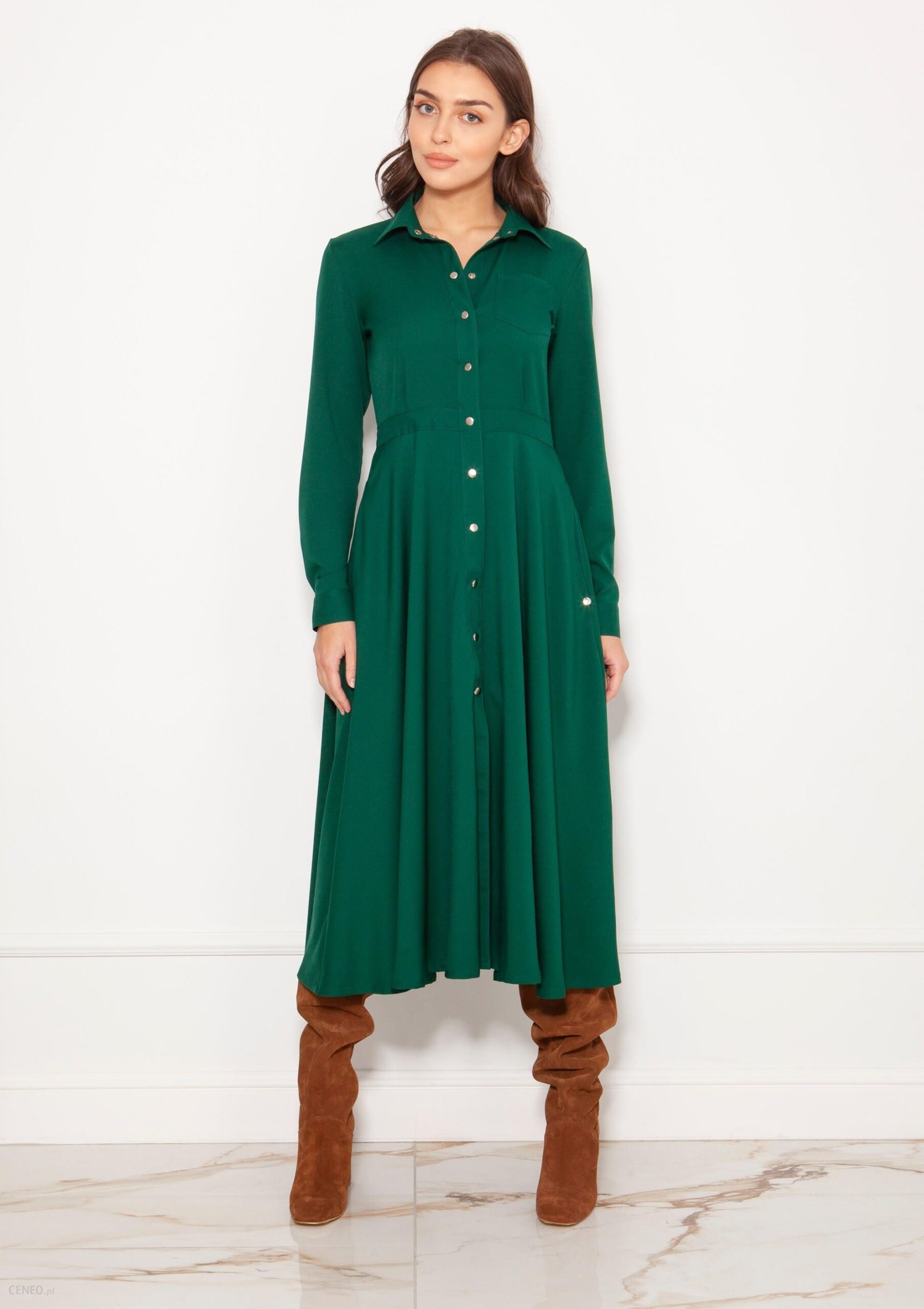 Lanti Rozkloszowana koszulowa sukienka maxi Zielony S