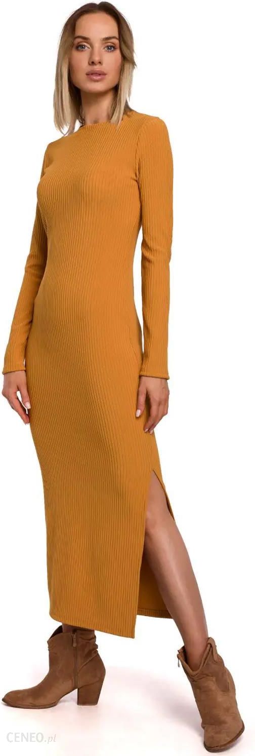 M544 Sukienka maxi z rozcięciem na nogę - musztardowa (Kolor żółty