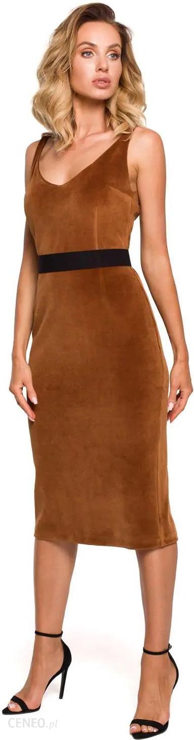 M639 Sukienka welurowa z paskiem - koniakowa (Kolor brązowy