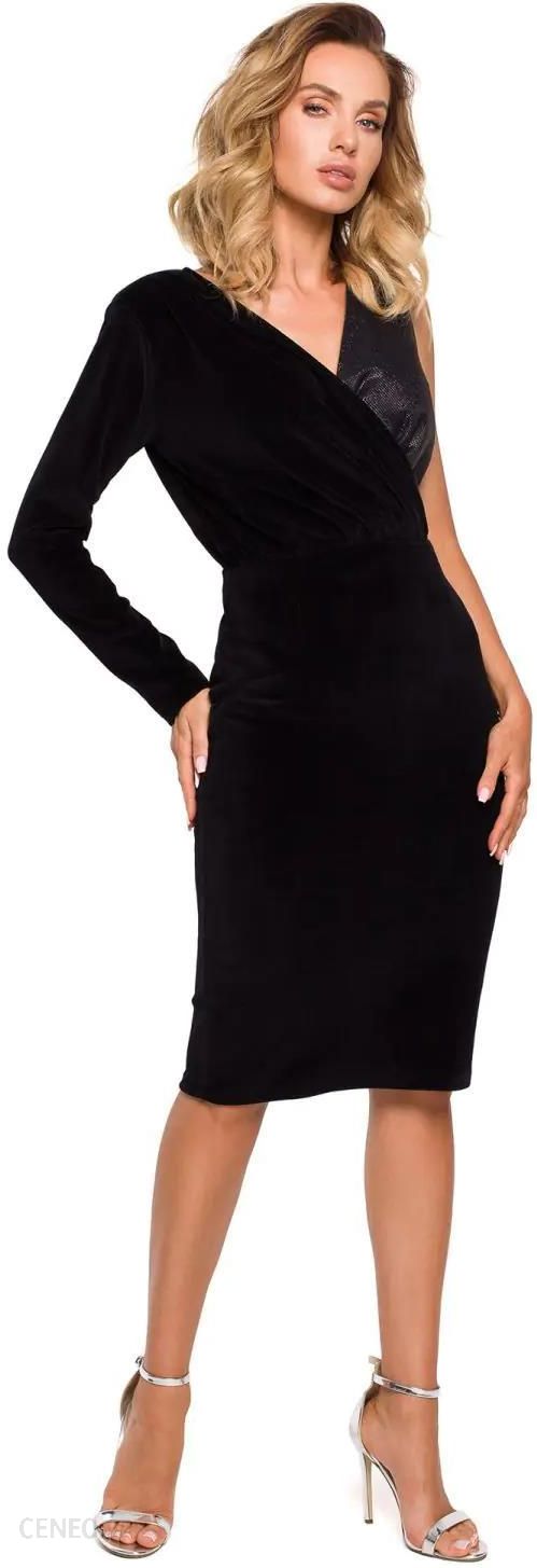 M640 Sukienka asymetryczna z łączonych materiałów czarna (Kolor czarny