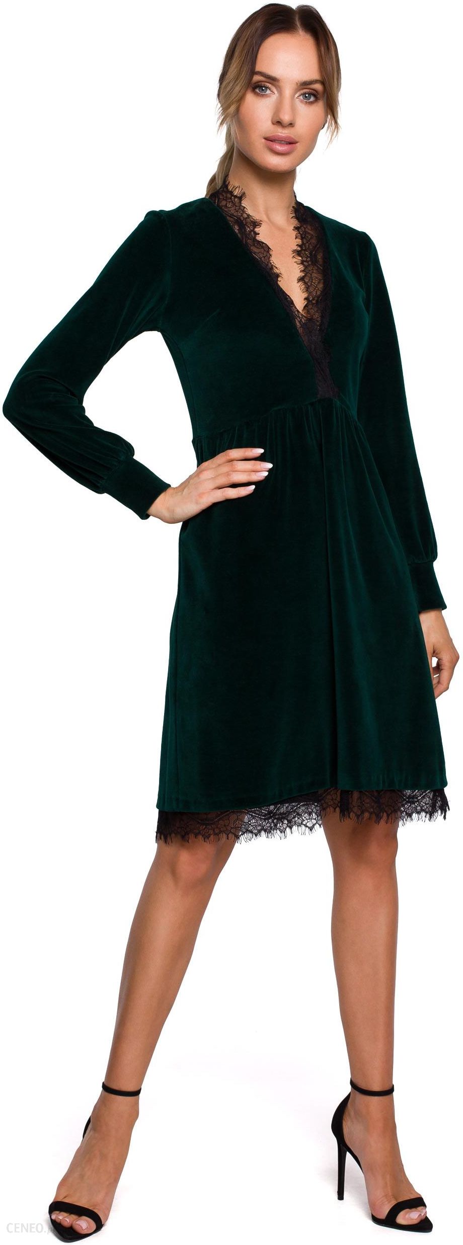 Moe Elegancka welurowa sukienka midi wykończona koronką Zielony XXL