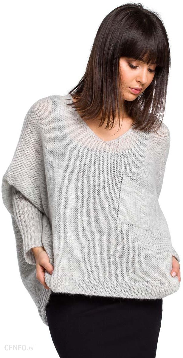MOE Popielaty Asymetryczny Oversizowy Sweter z Kieszonką