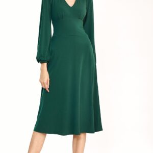 Nife Klasyczna zwiewna sukienka midi z długim rękawem Zielony S