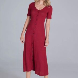 Prążkowana sukienka maxi z krótkim rękawem (Czerwony
