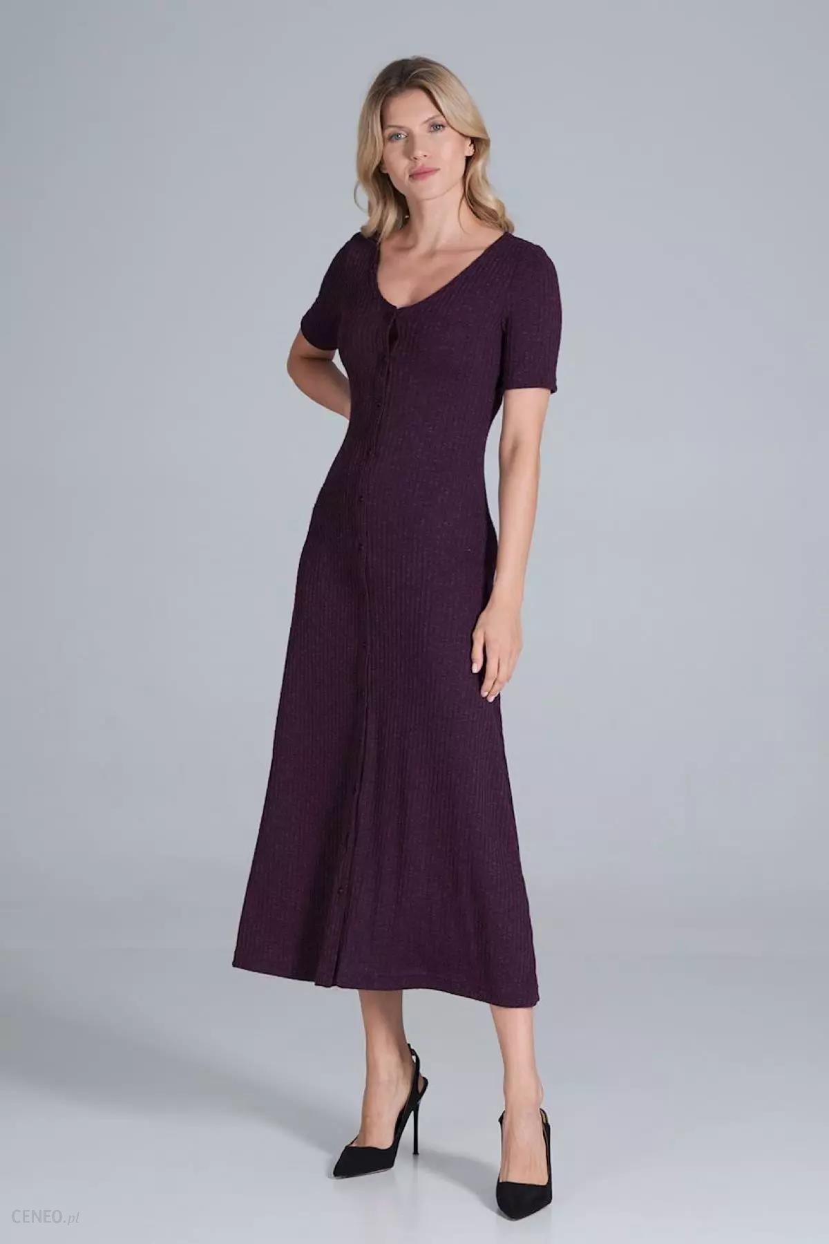 Prążkowana sukienka maxi z krótkim rękawem (Fioletowy