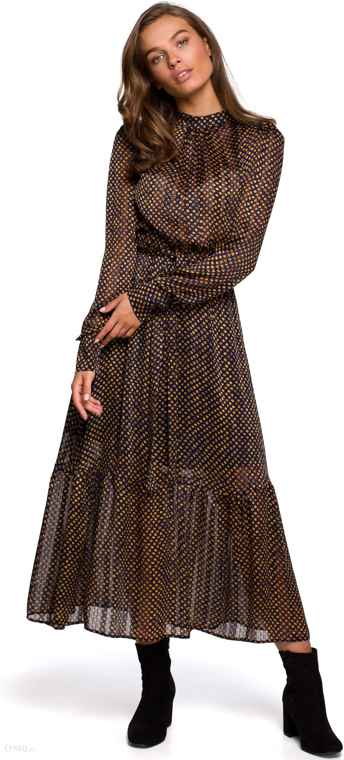Style Długa szyfonowa sukienka w groszki Granatowy S