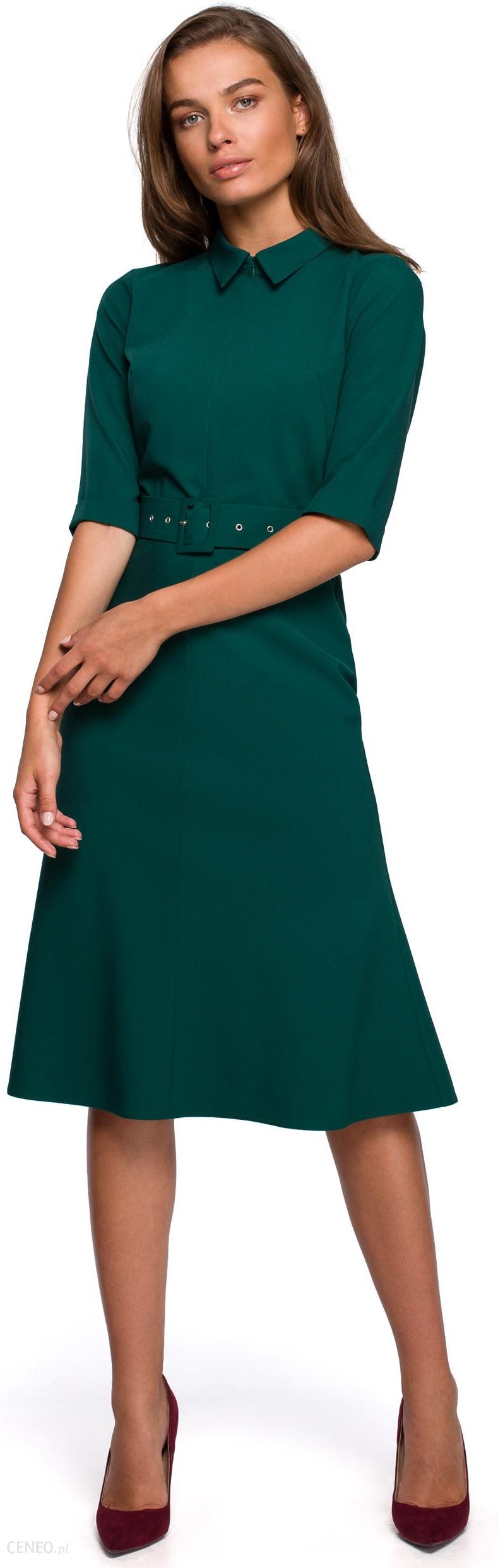 Style Sukienka midi z paskiem i kołnierzykiem Zielony XL